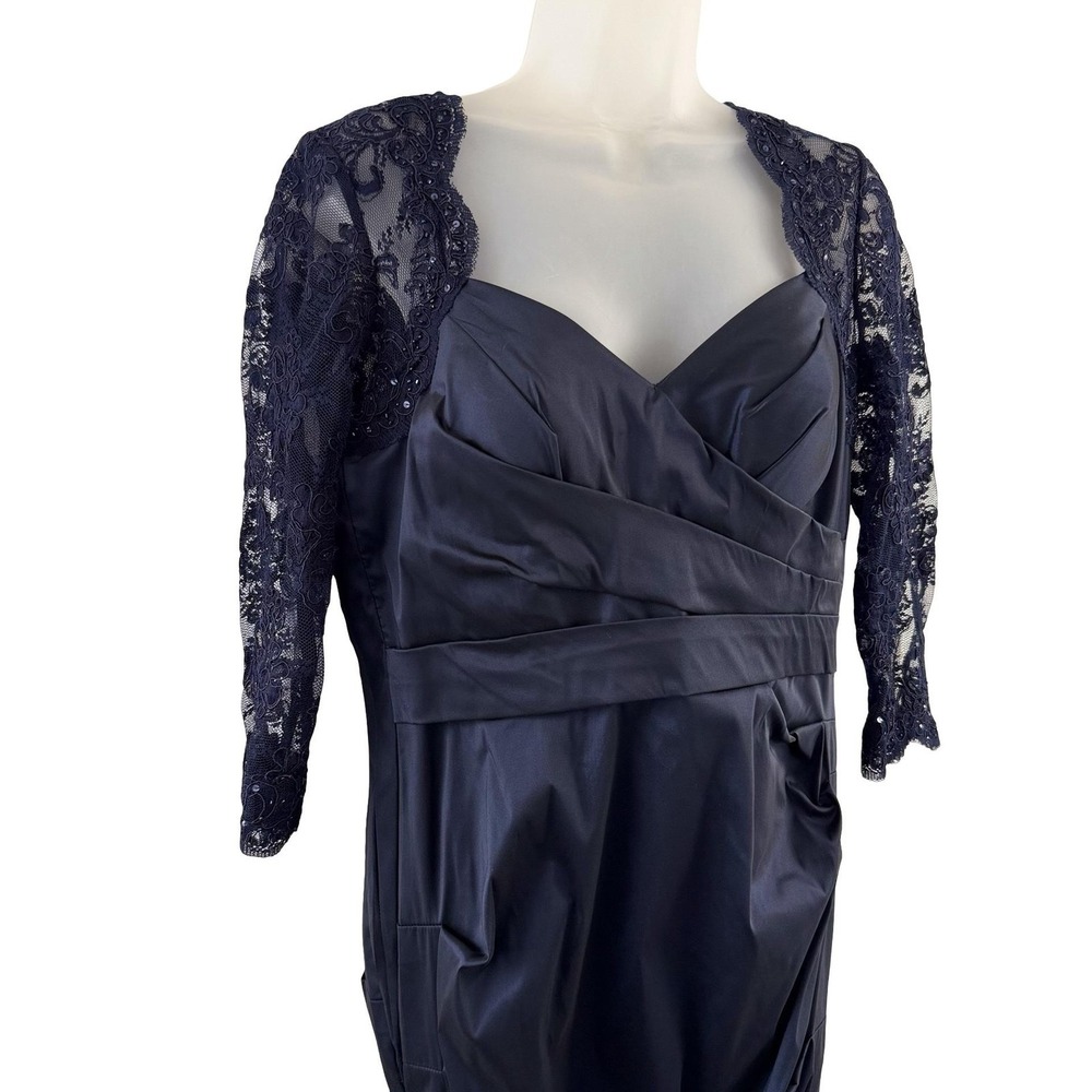 Teri Jon Dress Womens 8 Navy Blue Lace Sequin Mermaid Maxi Ruched Formal Gown - Picture 4 of 16